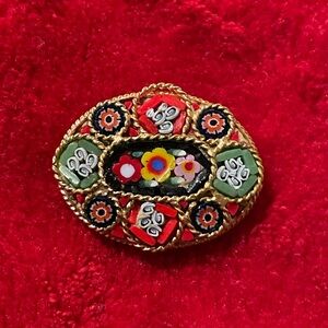 Vintage Micro Mosaic Floral Bouquet Gold Tone Oval Brooch Made in Italy